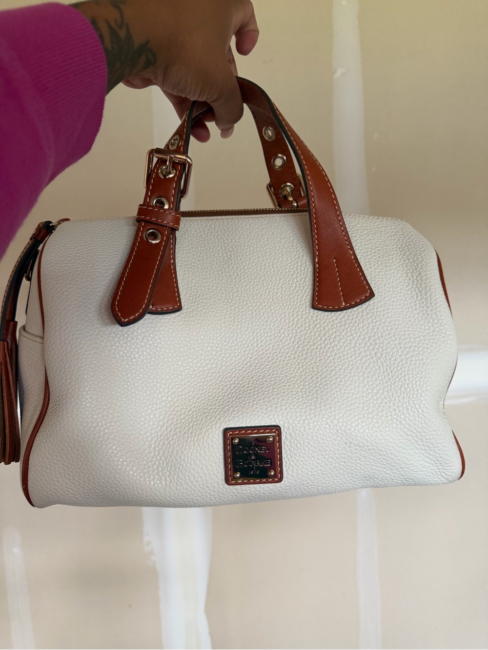 Dooney & Bourke White Pebbled Leather Satchel with Tan Trim